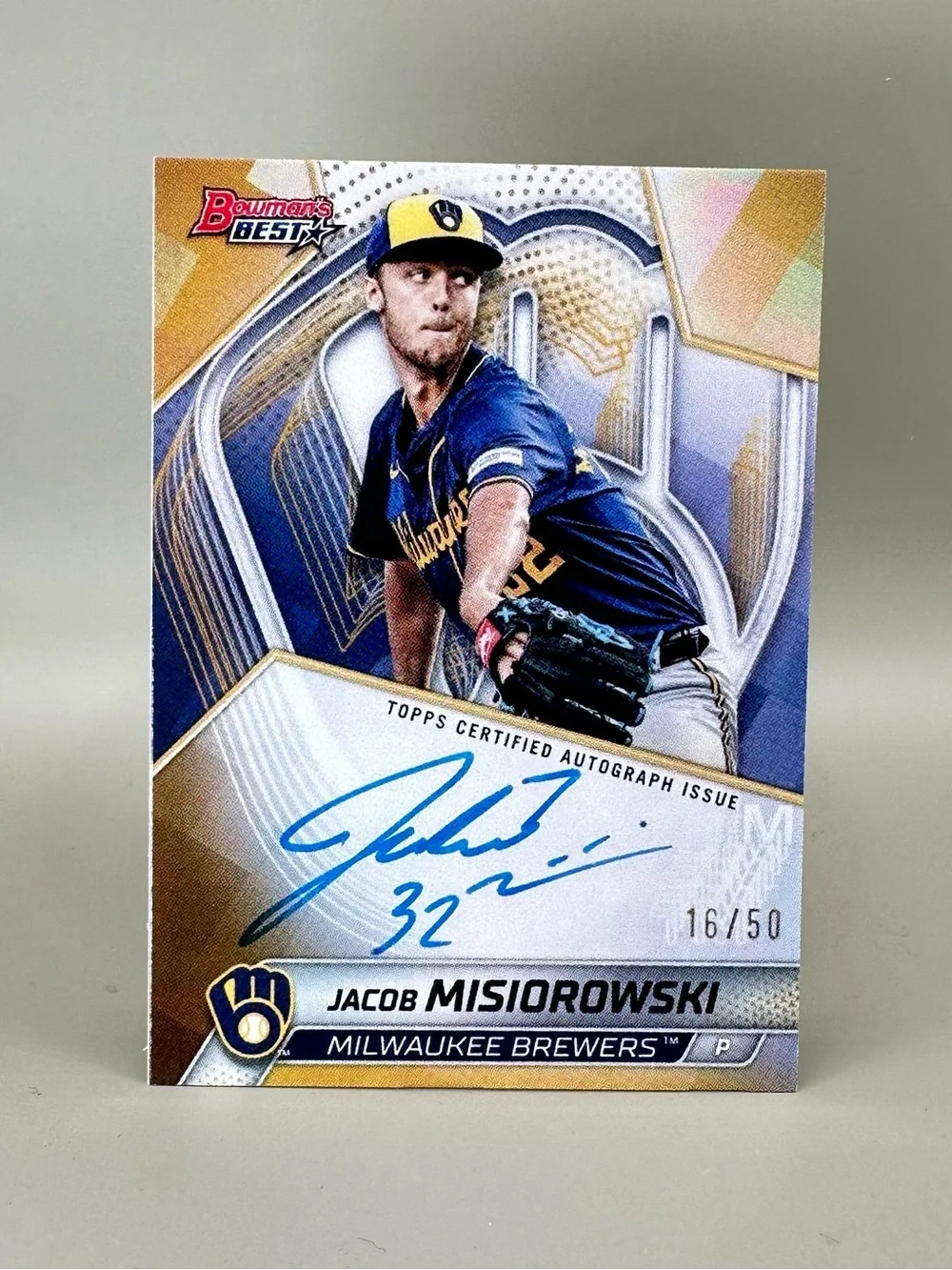 Jacob Misiorowski Signed 2025 Bowmans Best 16/50 Novelty Card Milwaukee Brewers